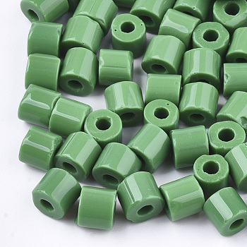 Opaque Glass Bugle Beads, Round Hole, Green, 7~7.5x6~6.5mm, Hole: 2.5mm, about 800pcs/bag