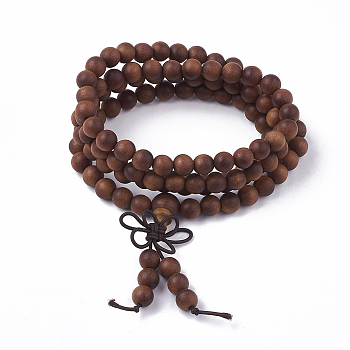 3-Loop Wrap Style Buddhist Jewelry, Sandalwood Mala Bead Bracelets, Stretch Bracelets, Round, Saddle Brown, 2-1/2 inch(6.5cm)