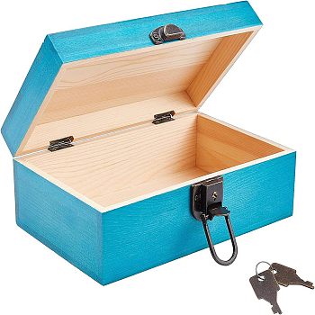 Pinewood Box, with Word Vintage Pattern & Iron Keys, Storage Box, Rectangle, Dark Turquoise, 15.1x21.5x9.5cm, Iron Keys: 40x19x1mm, 2pcs/set