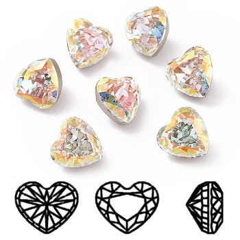 K9 Glass Rhinestone Cabochons, Pointed Back & Back Plated, Faceted, Heart, Light Crystal AB, 8x8x6mm