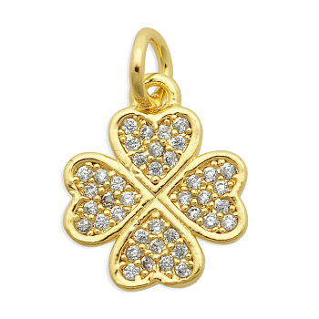 Brass Micro Pave Clear Cubic Zirconia Charms, Cadmium Free & Nickel Free & Lead Free, Clover, Light Gold, 14x11.5x2mm, Jump Ring: 7x1mm, 5mm