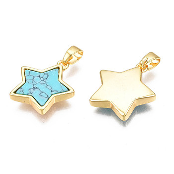Real 18K Gold Plated Brass Pendants, with Synthetic Turquoise Cabochons, Cadmium Free & Nickel Free & Lead Free, Star, Turquoise, 17x15x3mm, Hole: 2.5x5mm