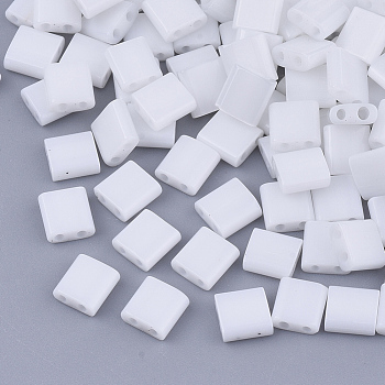 2-Hole Glass Seed Beads, Opaque Colours, Square, White, 5x4.5~5.5x2~2.5mm, Hole: 0.5~0.8mm, about 1180pcs/bag