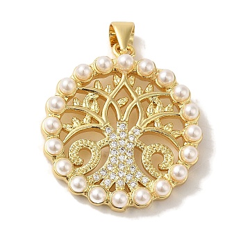 Rack Plating Brass Micro Pave Clear Cubic Zirconia Pendants, with Plastic Pearl Beads, Cadmium Free & Lead Free, Real 18K Gold Plated, Long-Lasting Plated, Tree of Life, 26x23.5x4mm, Hole: 5x3.5mm