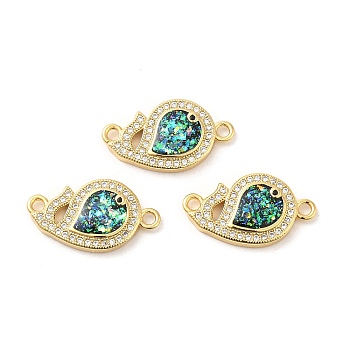 Rack Plating Brass Micro Pave Clear Cubic Zirconia Connector Charms, Fish Links with Synthetic Opal, Lead Free & Cadmium Free, Long-Lasting Plated, Real 18K Gold Plated, 12x22x3.4mm, Hole: 1.8mm
