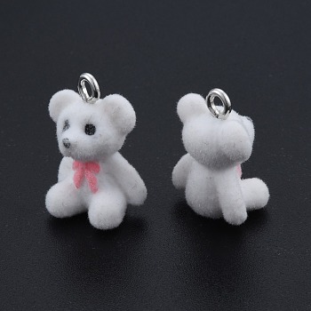 Opaque Resin Pendants, with Platinum Tone Iron Loops, Flocky Bear Charm with Bowknot, White, 22.5x15x11mm, Hole: 2.5mm