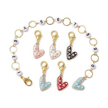 6Pcs Heart & Rose Alloy Enamel Knitting Row Counter Chains & Locking Stitch Markers Kits, Mixed Color, 3.7~25.5cm