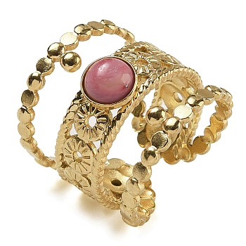 Natural Rhodonite Finger Rings, 304 Stainless Steel Multi-layer Open Cuff Rings, Real 18K Gold Plated, 19.5mm, Adjustable