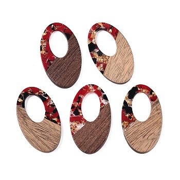 Transparent Resin and Walnut Wood Pendants, Hollow Oval Charms with Gold Foil, FireBrick, 49.5x28x4mm, Hole: 2mm, 