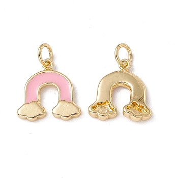 Brass Enamel Pendants, with Jump Ring, Real 18K Gold Plated, Rainbow with Cloud, Pearl Pink, 4.5x14x3mm, Hole: 3.3mm