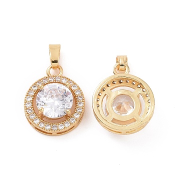 Brass Micro Pave Clear Cubic Zirconia Pendants, Flat Round Charms, Real 18K Gold Plated, Clear, 16x13x6mm, Hole: 5x2.5mm