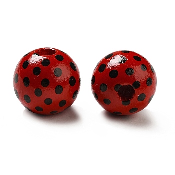 Printed Wood Round Beads, Red & Black, Polka Dot Pattern, 15.5~16x14.5~15mm, Hole: 3.5~5mm