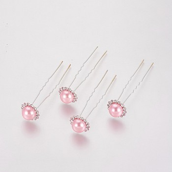 (Defective Closeout Sale), Lady's Hair Forks, with Silver Color Plated Iron Findings, Acrylic Imitation Pearl and Rhinestone, Flower, Crystal, Pearl Pink, 75mm