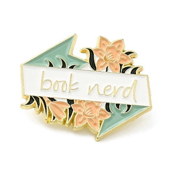 Reading Theme Zinc Alloy Enamel Pins, Word Book Nerd Brooch for Backpack Clothes, Flower, 24x30.5x1.5mm