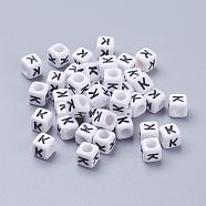 Acrylic Horizontal Hole Letter Beads, Cube, White, Letter K, Size: about 6mm wide, 6mm long, 6mm high, hole: about 3.2mm, about 2600pcs/500g(PL37C9308-K)