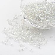8/0 Glass Seed Beads, Trans. Colors Rainbow, Round, Clear, 3mm, Hole: 1mm, about 1102pcs/50g(X-SEED-A007-3mm-161)