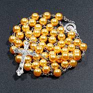 Plastic Imitation Pearl Rosary Bead Necklace for Easter, Alloy Crucifix Cross Pendant Necklace with Iron Chains, Goldenrod, 27.56 inch(70cm)(PW23031886121)