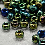 6/0 Grade A Round Glass Seed Beads, Metallic Colours Iris, Teal, 6/0, 4x3mm, Hole: 1mm, about 4500pcs/bag(SEED-Q008-4mm-F605)