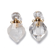 Natural Quartz Crystal Perfume Bottle Pendants, Rock Crystal, with Golden Brass Findings, Faceted, Rhombus, 27mm, Hole: 1.4mm(G-D058-11G-03)