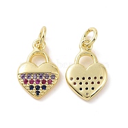 Brass Micro Pave Colorful Cubic Zirconia Charms, with Jump Ring, Heart Lock, Real 18K Gold Plated, 14.5x9.5x2mm, Hole: 3.2mm(KK-E068-VF140)