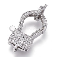 Brass Micro Pave Cubic Zirconia Lobster Claw Clasps, with Bail Beads/Tube Bails, Long-Lasting Plated, Rectangle, Clear, Real Platinum Plated, 25x14x5.5mm, Hole: 2x2mm, Tube Bails: 10x8x2mm, hole: 1.4mm(ZIRC-M108-13A-P)