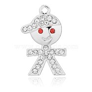 Nickel Free Silver Color Plated Alloy Rhinestone Boy Pendants, Long-Lasting Plated, Crystal, 27x18x3mm, Hole: 2mm(ALRI-E107-01S-NF)