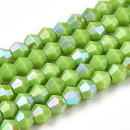 Opaque Solid Color Electroplate Glass Beads Strands, AB Color Plated, Faceted, Bicone, Yellow Green, 2.9~3.3x2.5mm, Hole: 0.7mm, about 145~150pcs/strand, 16.34~16.54 inch(41.5~42cm)(EGLA-A039-P2mm-L21)