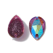 Teardrop Sew on Rhinestone, Resin Rhinestone, 2-Hole Links, AB Color, with Glitter Powder, Faceted, Garment Accessories, Purple, 28x16.5x5.5mm, Hole: 1.2mm(CRES-B006-02C-02)