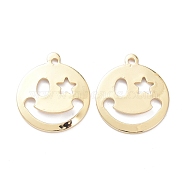 Brass Pendants, Long-Lasting Plated, Flat Round & Smiling Face & Star, Real 14K Gold Plated, 19.5x17x1mm, Hole: 1.5mm(KK-K250-09LG)