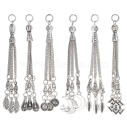 12Pcs 6 Style Tibetan Style Alloy Curb Chain Tassel Big Pendants, Feather & Flat Round & Teardrop & Moon and Star, Antique Silver & Platinum, 78~84x2mm, Hole: 5mm, 2Pcs/style(FIND-CA0006-72)