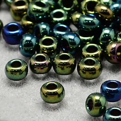 6/0 grade a perles de rocaille en verre rondes, iris couleurs métalliques, sarcelle, 6/0, 4x3mm, Trou: 1mm, environ 4500 pcs / sachet (SEED-Q008-4mm-F605)