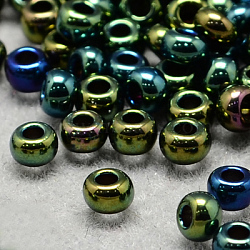 6/0 Grade A Round Glass Seed Beads, Metallic Colours Iris, Teal, 6/0, 4x3mm, Hole: 1mm, about 4500pcs/bag(SEED-Q008-4mm-F605)