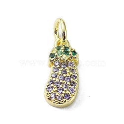 Brass Micro Pave Cubic Zirconia Pendants, with Jump Ring, Real 18K Gold Plated, Eggplant, 13x5.5x3mm, Hole: 3mm(KK-H475-17G-04)