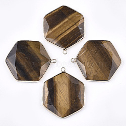 Natural Tiger Eye Pendants, with Brass Findings, Faceted, Hexagon, Golden, 44~45x36~37x5~6mm, Hole: 2mm(G-T112-19C)