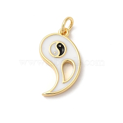 Rack Plating Brass Enamel Pendants, with Jump Ring, Long-Lasting Plated, Cadmium Free & Lead Free, Yin-yang Charm, Real 18K Gold Plated, White, 21x10x2mm, Hole: 3mm(KK-Z056-50G-01)