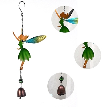 Fairy Wind Chimes, with Bell, Glass and Iron Findings, for Home, Party, Festival Decor, Garden, Yard Decoration, Green, 380x120mm