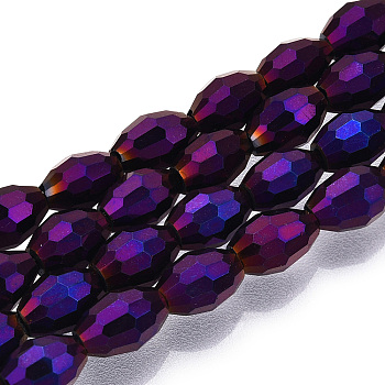Electroplate Glass Beads Strands, AB Color Plated, Faceted Oval, Indigo, 6x4mm, Hole: 1mm, about 67~68pcs/strand