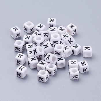 Acrylic Horizontal Hole Letter Beads, Cube, White, Letter K, Size: about 6mm wide, 6mm long, 6mm high, hole: about 3.2mm, about 2600pcs/500g