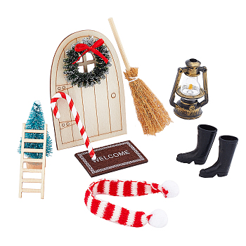 Christmas Theme Mini Display Decoration Kit, including Cane, Boots, Oil Lamp, Garland, Tree, Rug, Scarf, Wooden Door, Ladder, for Dollhouse Accessories, Mixed Color, 11pcs/set