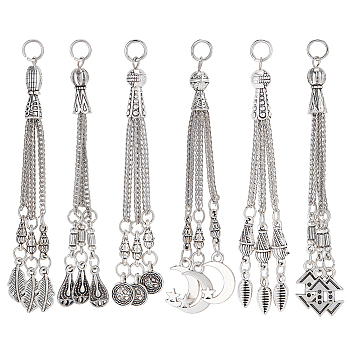 12Pcs 6 Style Tibetan Style Alloy Curb Chain Tassel Big Pendants, Feather & Flat Round & Teardrop & Moon and Star, Antique Silver & Platinum, 78~84x2mm, Hole: 5mm, 2Pcs/style