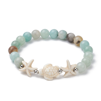 Dyed Synthetic Turquoise Turtle and Starfish Beaded Bracelets, with Natural Flower Amazonite Round Beads, Pale Turquoise, Inner Diameter: 2 inch(5cm)