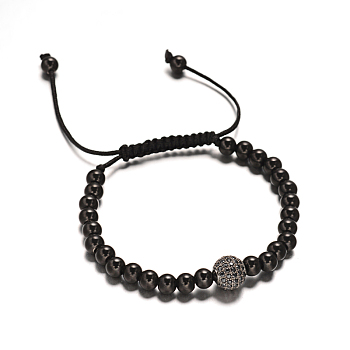 Round 304 Stainless Steel Braided Beaded Bracelets, with Brass Micro Pave Cubic Zirconia Finding, Gunmetal, 50~90mm