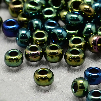 6/0 Grade A Round Glass Seed Beads, Metallic Colours Iris, Teal, 6/0, 4x3mm, Hole: 1mm, about 4500pcs/bag