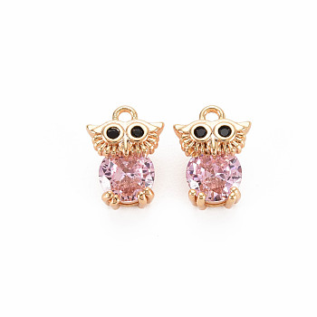 Brass Rhinestone Charms, with Cubic Zirconia, Nickel Free, Owl, Real 18K Gold Plated, 11x8x6mm, Hole: 1.2mm