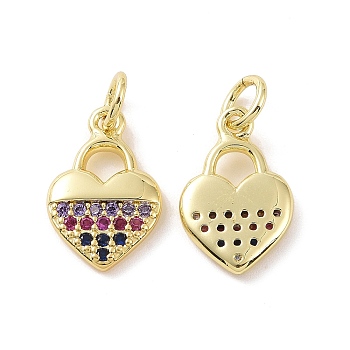 Brass Micro Pave Colorful Cubic Zirconia Charms, with Jump Ring, Heart Lock, Real 18K Gold Plated, 14.5x9.5x2mm, Hole: 3.2mm