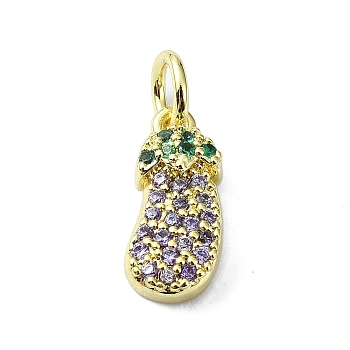 Brass Micro Pave Cubic Zirconia Pendants, with Jump Ring, Real 18K Gold Plated, Eggplant, 13x5.5x3mm, Hole: 3mm