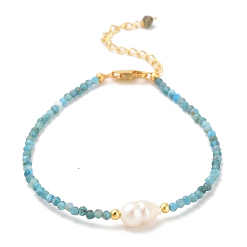 Natural Apatite Bead Bracelets, with Sterling Silver Beads and Pearl Beads, Real 18K Gold Plated, 16.8~17cm