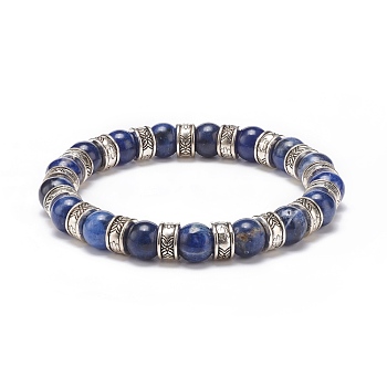 Natural Sodalite & Alloy Beaded Stretch Bracelet, Gemstone Jewelry for Women, Inner Diameter: 2 inch(5.1cm)