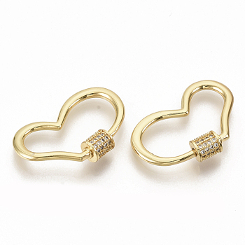 Brass Micro Pave Clear Cubic Zirconia Screw Carabiner Lock Charms, for Necklaces Making, Heart, Real 16K Gold Plated, 19x28x2mm, screw clasp: 6x5.5mm