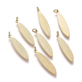 Ion Plating(IP) 304 Stainless Steel Pendants, with Jump Rings, Laser Cut, Feather, Golden, 20x4.5x1mm, Hole: 1.5mm